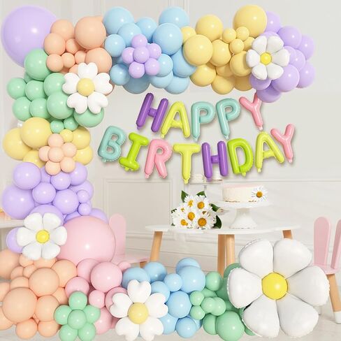 Ouddy Life 176 قطعة من بالونات ديزي على شكل إكليل قوس، مجموعة بوهو باستيل جروفي معكرون بألوان لاتكس بيضاء ديزي لعيد ميلاد الأميرة وحفلات استقبال المولود الجديد وديكورات حفلات الزفاف in Kuwait