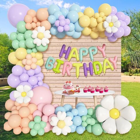 Ouddy Life 176 قطعة من بالونات ديزي على شكل إكليل قوس، مجموعة بوهو باستيل جروفي معكرون بألوان لاتكس بيضاء ديزي لعيد ميلاد الأميرة وحفلات استقبال المولود الجديد وديكورات حفلات الزفاف in Kuwait