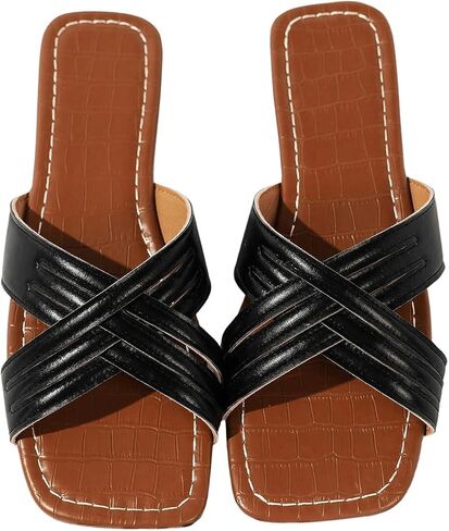 GORGLITTER Women's Cut Out Criss Cross Double Band Flats Square Open Toe Pu Leather Slide Sandals in Saudi Arabia