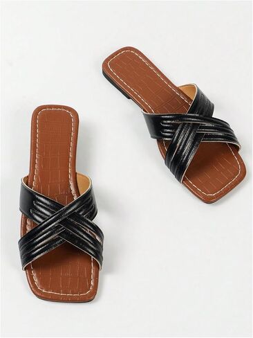 GORGLITTER Women's Cut Out Criss Cross Double Band Flats Square Open Toe Pu Leather Slide Sandals in Saudi Arabia