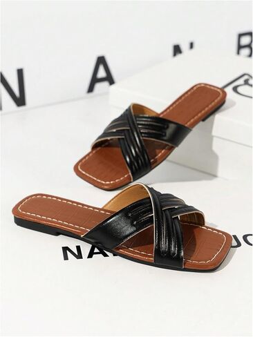 GORGLITTER Women's Cut Out Criss Cross Double Band Flats Square Open Toe Pu Leather Slide Sandals in Saudi Arabia