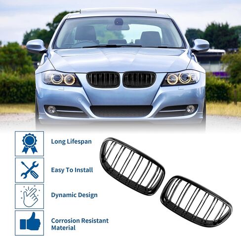 X AUTOHAUX الجبهة العلوي غطاء محرك السيارة الوفير مصبغة شواء لسيارات BMW E90 4 أبواب 2008-2011 الجبهة اليسرى اليمنى المصد العلوي الكلى مصبغة شواء شريحة مزدوجة لامعة زوج أسود in Saudi Arabia