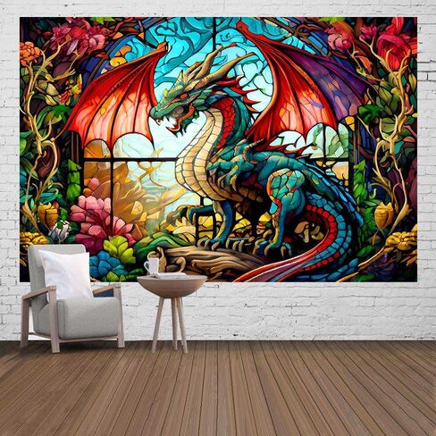 Ine Ive Fantasy Dragon Tapestry Stained Glass Window Wall Tapestry Large Size 40x30Inches Forest Plant Floral Medieval Animals Dragon Tapestry for Bedroom Dorm Home Decor GTOKIE0544 in Kuwait