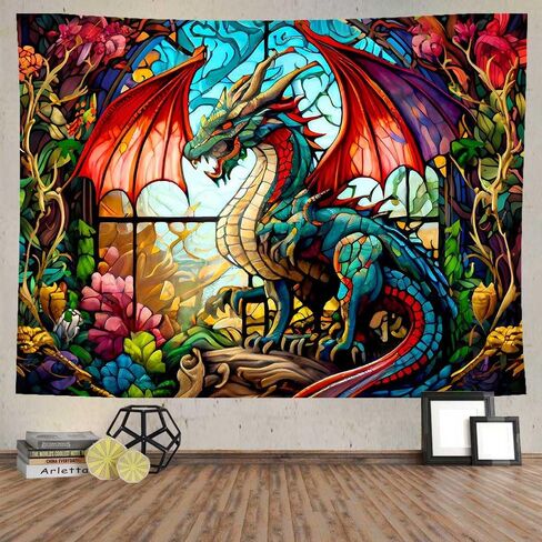 Ine Ive Fantasy Dragon Tapestry Stained Glass Window Wall Tapestry Large Size 40x30Inches Forest Plant Floral Medieval Animals Dragon Tapestry for Bedroom Dorm Home Decor GTOKIE0544 in Saudi Arabia