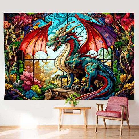 Ine Ive Fantasy Dragon Tapestry Stained Glass Window Wall Tapestry Large Size 40x30Inches Forest Plant Floral Medieval Animals Dragon Tapestry for Bedroom Dorm Home Decor GTOKIE0544 in Kuwait