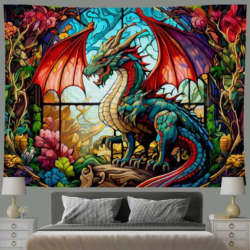 Ine Ive Fantasy Dragon Tapestry Stained Glass Window Wall Tapestry Large Size 40x30Inches Forest Plant Floral Medieval Animals Dragon Tapestry for Bedroom Dorm Home Decor GTOKIE0544 in Saudi Arabia