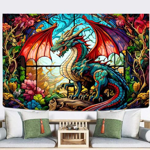 Ine Ive Fantasy Dragon Tapestry Stained Glass Window Wall Tapestry Large Size 40x30Inches Forest Plant Floral Medieval Animals Dragon Tapestry for Bedroom Dorm Home Decor GTOKIE0544 in Kuwait