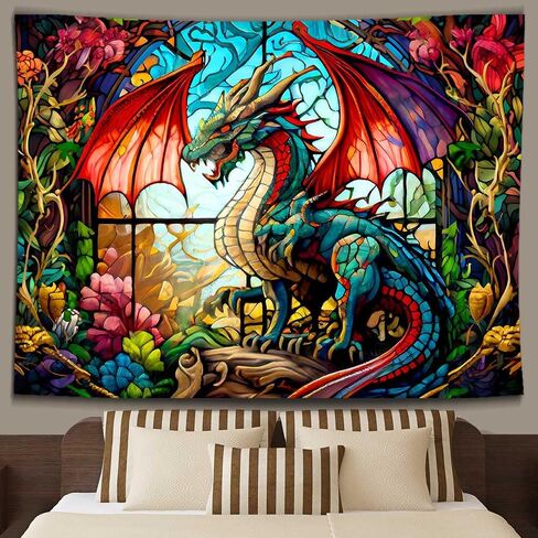 Ine Ive Fantasy Dragon Tapestry Stained Glass Window Wall Tapestry Large Size 40x30Inches Forest Plant Floral Medieval Animals Dragon Tapestry for Bedroom Dorm Home Decor GTOKIE0544 in Saudi Arabia