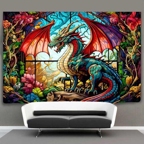 Ine Ive Fantasy Dragon Tapestry Stained Glass Window Wall Tapestry Large Size 40x30Inches Forest Plant Floral Medieval Animals Dragon Tapestry for Bedroom Dorm Home Decor GTOKIE0544 in Kuwait