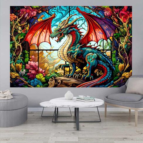 Ine Ive Fantasy Dragon Tapestry Stained Glass Window Wall Tapestry Large Size 40x30Inches Forest Plant Floral Medieval Animals Dragon Tapestry for Bedroom Dorm Home Decor GTOKIE0544 in Kuwait