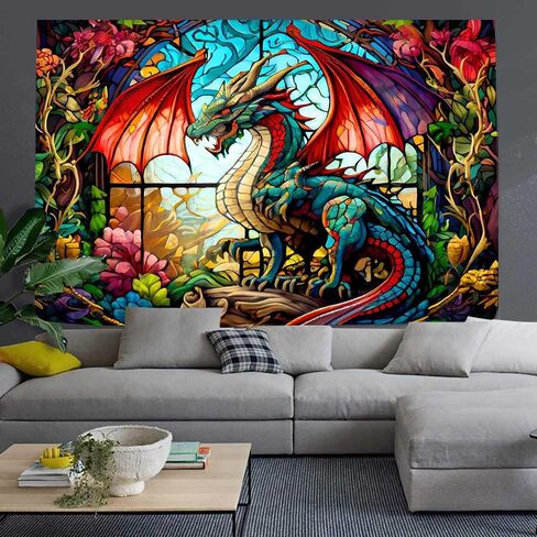 Ine Ive Fantasy Dragon Tapestry Stained Glass Window Wall Tapestry Large Size 40x30Inches Forest Plant Floral Medieval Animals Dragon Tapestry for Bedroom Dorm Home Decor GTOKIE0544 in Kuwait