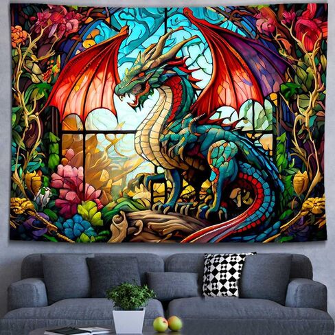 Ine Ive Fantasy Dragon Tapestry Stained Glass Window Wall Tapestry Large Size 40x30Inches Forest Plant Floral Medieval Animals Dragon Tapestry for Bedroom Dorm Home Decor GTOKIE0544 in Saudi Arabia
