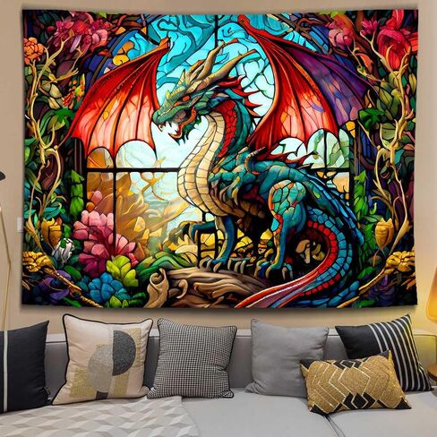 Ine Ive Fantasy Dragon Tapestry Stained Glass Window Wall Tapestry Large Size 40x30Inches Forest Plant Floral Medieval Animals Dragon Tapestry for Bedroom Dorm Home Decor GTOKIE0544 in Saudi Arabia