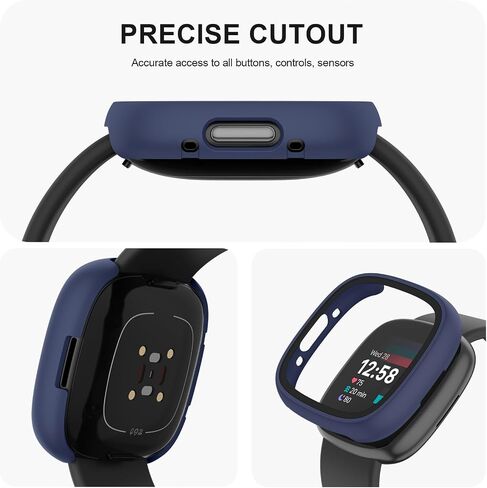 Meliya 4-Pack Screen Protector Tempered Glass Case for Fitbit Sense 2 / Versa 4, Full Around Hard PC Case with Sensitive Touch Film Protective Case (Black+Clear+Navy Blue+Silver) in Saudi Arabia