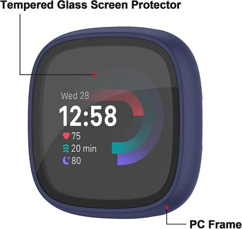 Meliya 4-Pack Screen Protector Tempered Glass Case for Fitbit Sense 2 / Versa 4, Full Around Hard PC Case with Sensitive Touch Film Protective Case (Black+Clear+Navy Blue+Silver) in Saudi Arabia