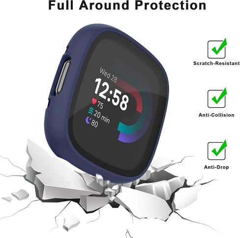 Meliya 4-Pack Screen Protector Tempered Glass Case for Fitbit Sense 2 / Versa 4, Full Around Hard PC Case with Sensitive Touch Film Protective Case (Black+Clear+Navy Blue+Silver) in Saudi Arabia