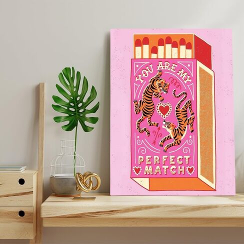 Odeyina Modern Canvas Print Wall Art,Contemporary You're My Perfect Match Tiger Retro Vintage Poster Funky Art Decorative for Living Room Bedroom Bathroom Office-12 x16 Pink Orange in Saudi Arabia