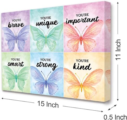 تأكيد الأطفال الملونة فراشة قماش جدار الفن، أنت شجاع ملهم اقتباس قماش مؤطرة عمل فني جداري جاهز للتعليق للأطفال المراهقين الفتيات الحضانة غرفة نوم المنزل جدار ديكور 12 × 15 بوصة in Kuwait