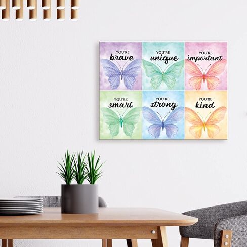 تأكيد الأطفال الملونة فراشة قماش جدار الفن، أنت شجاع ملهم اقتباس قماش مؤطرة عمل فني جداري جاهز للتعليق للأطفال المراهقين الفتيات الحضانة غرفة نوم المنزل جدار ديكور 12 × 15 بوصة in Kuwait