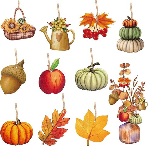 Haooryx 46Pcs Fall Autumn Watercolor Wood Hanging Ornament Festival Ornaments for Tree Wooden Pumpkin Maple Leaves Decoration Christmas Theme Party Favor Supplies Gift Box Tag Home Wall Tree Decor in Saudi Arabia