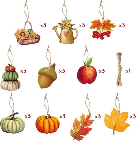 Haooryx 46Pcs Fall Autumn Watercolor Wood Hanging Ornament Festival Ornaments for Tree Wooden Pumpkin Maple Leaves Decoration Christmas Theme Party Favor Supplies Gift Box Tag Home Wall Tree Decor in Saudi Arabia