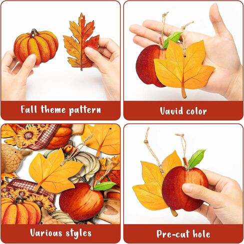 Haooryx 46Pcs Fall Autumn Watercolor Wood Hanging Ornament Festival Ornaments for Tree Wooden Pumpkin Maple Leaves Decoration Christmas Theme Party Favor Supplies Gift Box Tag Home Wall Tree Decor in Saudi Arabia
