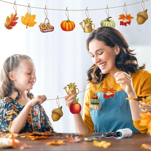 Haooryx 46Pcs Fall Autumn Watercolor Wood Hanging Ornament Festival Ornaments for Tree Wooden Pumpkin Maple Leaves Decoration Christmas Theme Party Favor Supplies Gift Box Tag Home Wall Tree Decor in Saudi Arabia
