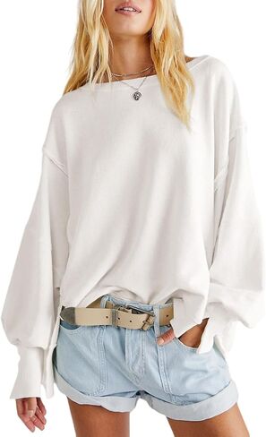 Womens Oversized Crewneck Sweatshirt Trendy Hoodies Teen Girls Loose Fit Side Slit Long Sleeves Shirts Pullover Top in Saudi Arabia