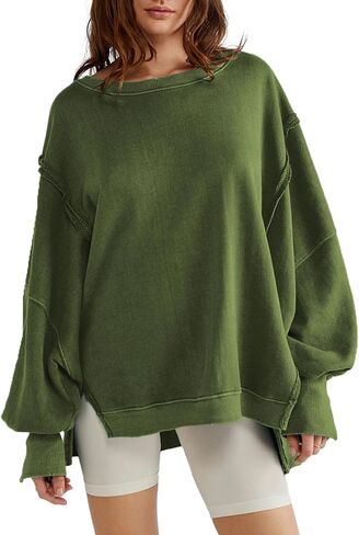Womens Oversized Crewneck Sweatshirt Trendy Hoodies Teen Girls Loose Fit Side Slit Long Sleeves Shirts Pullover Top in Saudi Arabia