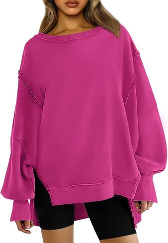 Womens Oversized Crewneck Sweatshirt Trendy Hoodies Teen Girls Loose Fit Side Slit Long Sleeves Shirts Pullover Top in Saudi Arabia