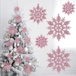 Whaline 36Pcs Christmas Snowflake Ornaments Pink Snowflake Hanging Decor Plastic Glitter Crafts for Winter New Year Xmas Tree Party Home Decor