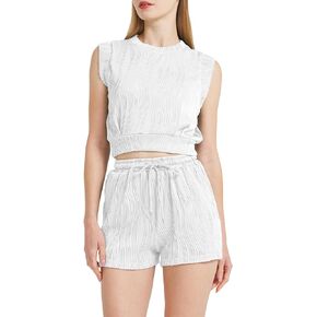 Womens Two Piece Short Outfits Summer Sets Sleeveless Scoop Neck Crop Tops and Striped Shorts