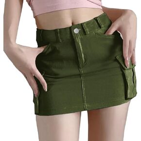 Women's Low Waist Cargo Skirt Button Mini Cargo Denim Skirt with Pocket