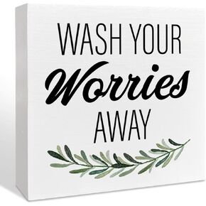 Farmhouse Bathroom Wooden Box Sign, Wash Your Worries Away, Funny Bathroom Laundry Room Desk Decor, Inspirational Restroom Guest Bathroom Decoration, Funny Toilet Washroom Plaque Sign Decor