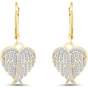 Heart Angel Wing Cubic Zirconia Lever Back Drop Earrings In Gold Over Sterling Silver