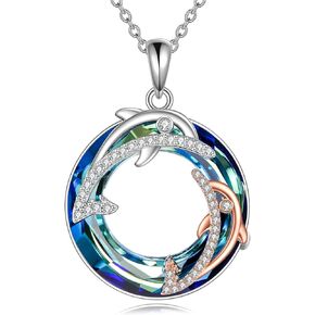 AOBOCO Dolphin Necklace for Women 925 Sterling Silver Blue Crystal Cubic Zirconia Double Dolphin Necklace Pendant Mothers Day Birthday Valentines Christmas Jewelry Gifts for Women Girls