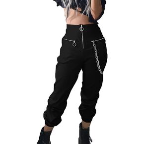 Gothic Women's Chain Cargo Pants Goth Fit High Waist Black Trousers Streetwear Punk Pants for Women
