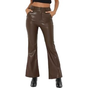 Allegra K Faux Leather Casual Pant for Women's High Waist Bell Bottom Flared Long PU Trouser