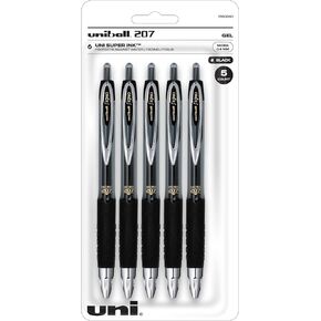 uniball 207 Retractable Gel Pens, Micro Point (0.5mm), Black, 5 Pack