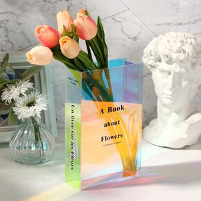 Holographic Vase for Flower, Clear Acrylic Book Flower Vase, Aesthetic Room Decor Cute Flower Vase, Ideal Gift Suitable for Valentines for Women, Decorative Vase for Desk,Office,Dining Room