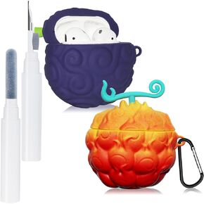 [عبوة من قطعتين] غطاء فاكهة لحافظة AirPods اللطيفة، مجموعة ملحقات حماية من السيليكون الكرتوني ثلاثي الأبعاد لمجموعة Devil Fruit AirPo الجيل الأول / الثاني للأولاد والبنات (فاكهة الشيطان الأرجواني والأحمر والأصفر)