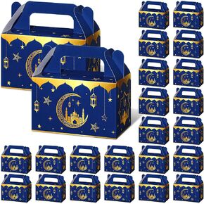 TaoBary 24 Pack Eid Al Adha Treat Box Muslin Islam Ramadan Party Candy Boxes Paper Eid Gift Boxes Foldable Eid Mubarak for Eid Al Adha Party Muslim Party Supplies, Goodie and Gifts(Blue and Gold) in Saudi Arabia