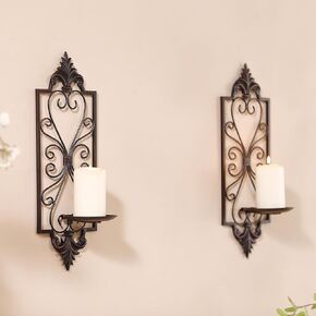 مجموعة شمعدانات شموع معدنية لتزيين الحائط مكونة من قطعتين، حامل شموع حائط بارتفاع 16.5 سم، برونزي in Kuwait