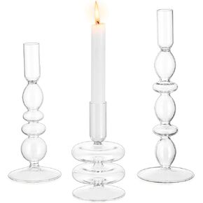Glasseam Amber Glass Candle Holders: Tall Skinny Candle Holders Set of 3, Modern Candle Holders for Taper Candlesticks, Decorative Candle Holders for Wedding Table Centerpiece Dinning Room Decor