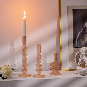 Glasseam Amber Glass Candle Holders: Tall Skinny Candle Holders Set of 3, Modern Candle Holders for Taper Candlesticks, Decorative Candle Holders for Wedding Table Centerpiece Dinning Room Decor