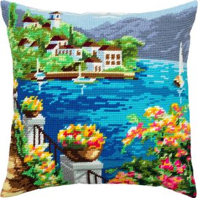 Brvsk Landscape Embroidery Kit for Adults and Beginners — Corfu 16″ × 16″ with Clear, Precise Printed Design on Cotton Canvas; Includes 2 Needles, Yarn, and Easy-Read Chart