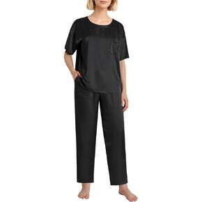 Latuza Women's Petite Satin Pajama Set Silky Top and Pants PJs Petite Length