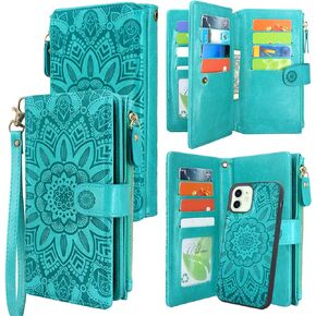 Harryshell Compatible with iPhone 12 / iPhone 12 Pro Case Wallet Detachable Magnetic Zipper Leather Cash Pocket with 12 Card Slots Holder Wrist Strap for iPhone 12 Pro 2020 6.1 inch (Floral Black)