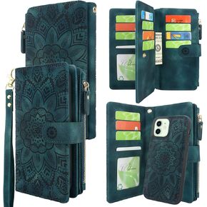 Harryshell Compatible with iPhone 12 / iPhone 12 Pro Case Wallet Detachable Magnetic Zipper Leather Cash Pocket with 12 Card Slots Holder Wrist Strap for iPhone 12 Pro 2020 6.1 inch (Floral Black) in Kuwait