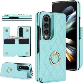 for Samsung Galaxy Z Fold 4 Wallet Case with Ring and Credit Card Holder, Cash Slot, Premium Diamond Leather Magnetic Clasp Kickstand Heavy Duty Protective Cover.(Green)
